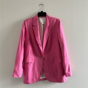H&M Boyfriend Blazer Pink One Button Linen Blend Oversized Women S Office Casual